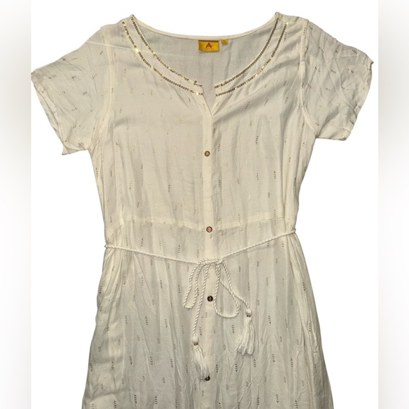 Ateesa Ivory Gold Print Button Maxi Dress Tie Coastal Cowgirl XL Made in India - Picture 3 of 8